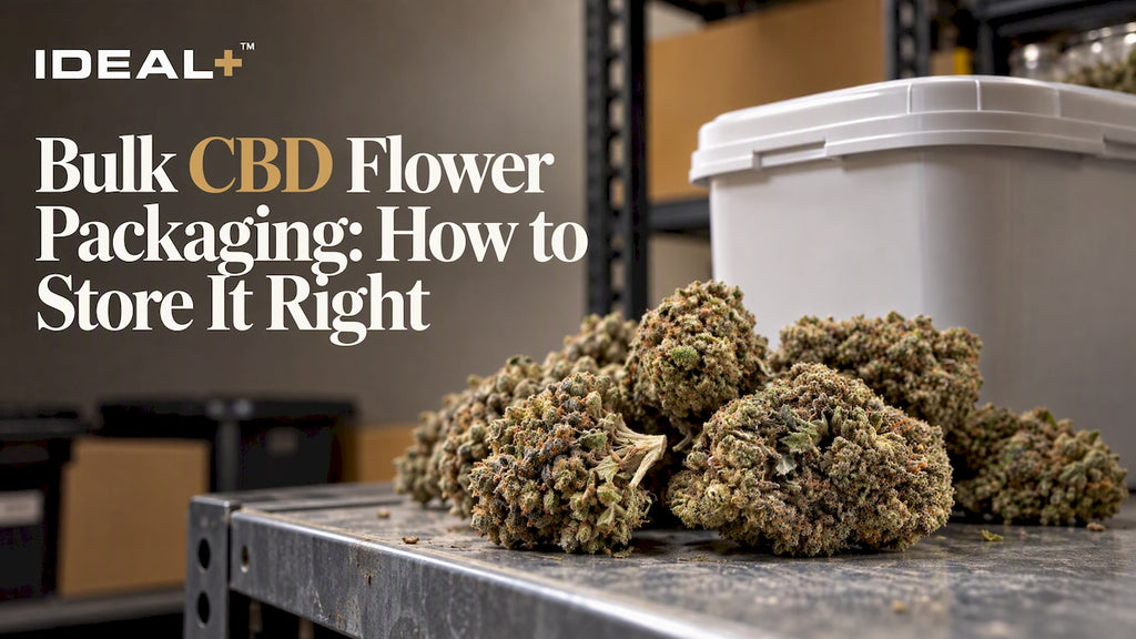 Bulk hemp flower container in a stockroom