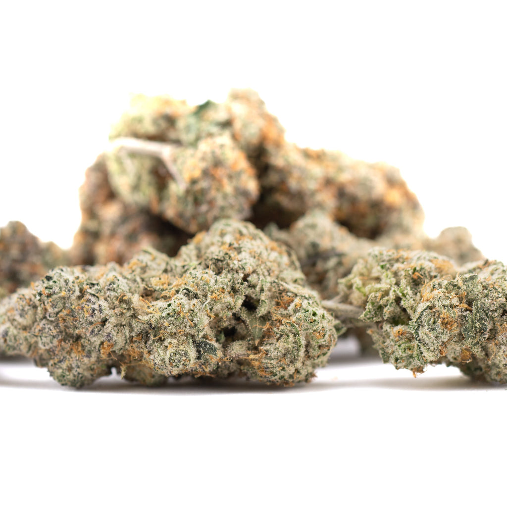 Premium Blueberry Kush THCa Flower: Pure Indica Buds with Green-Orange Hues and Trichomes