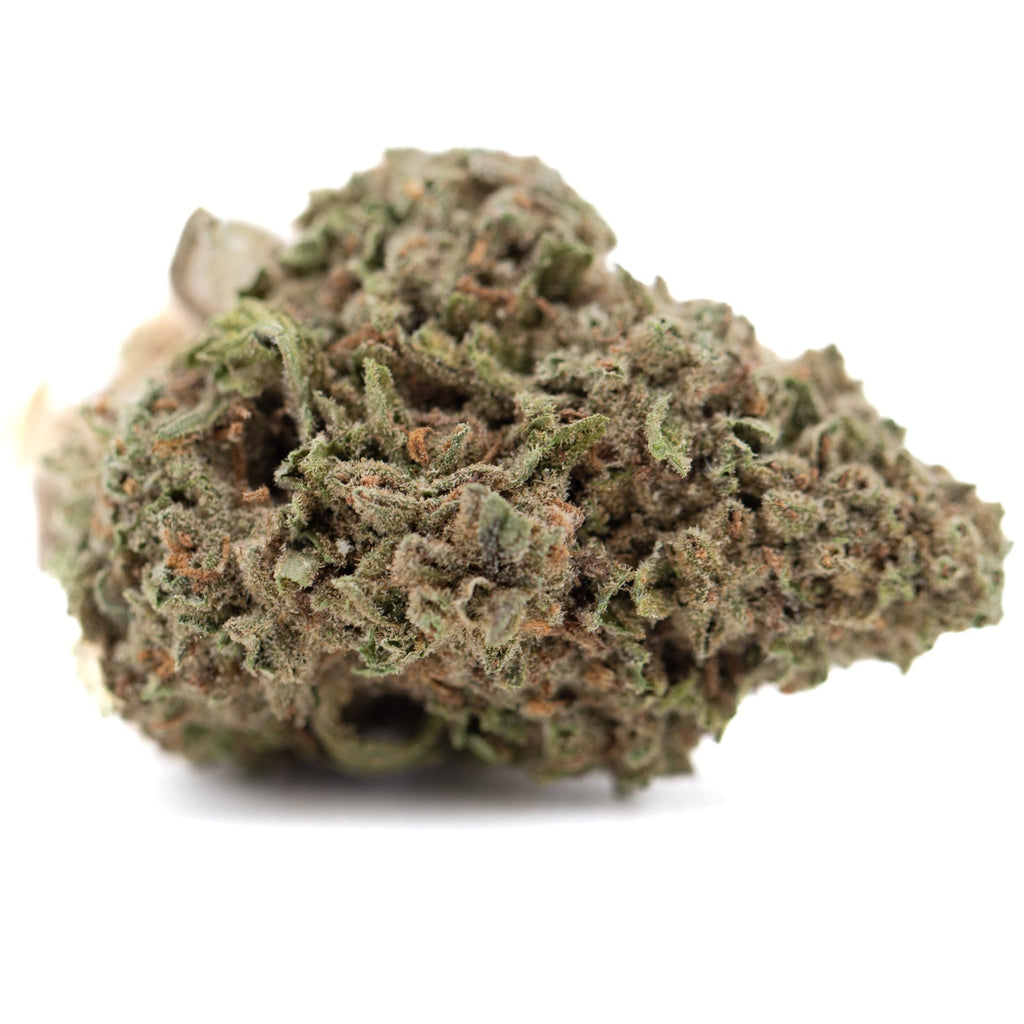 Durban Poison THCa Flower: Green and brown marijuana bud with resin glands