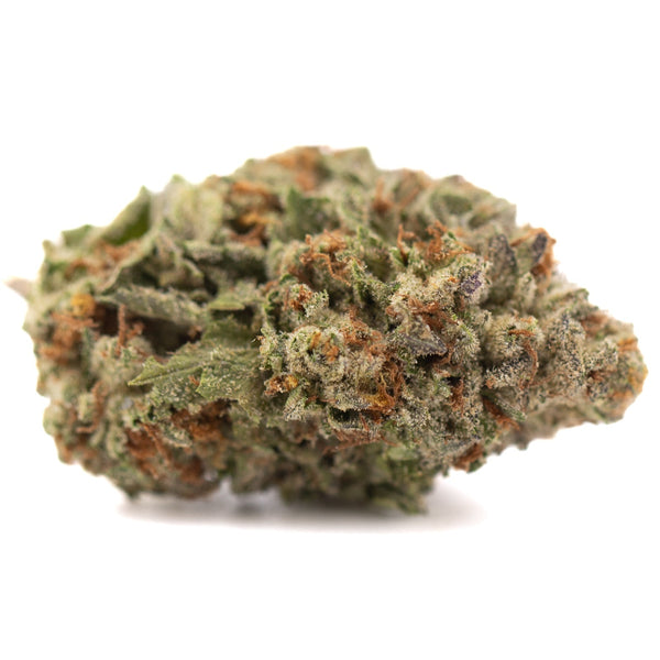 Green and brown cannabis bud with white trichomes from Green House OG Kush hemp flower