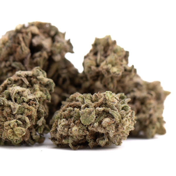 Money Ball THCa hemp flower: green and brown buds with dense resin glands